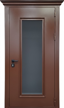 Стальная уличная термодверь с карнизом и большим остеклением (коричневое полимерное окрашивание)
