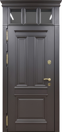 Металлическая коттеджная термодверь с остекленной фрамугой, карнизом и панелями МДФ с багетной раскладкой